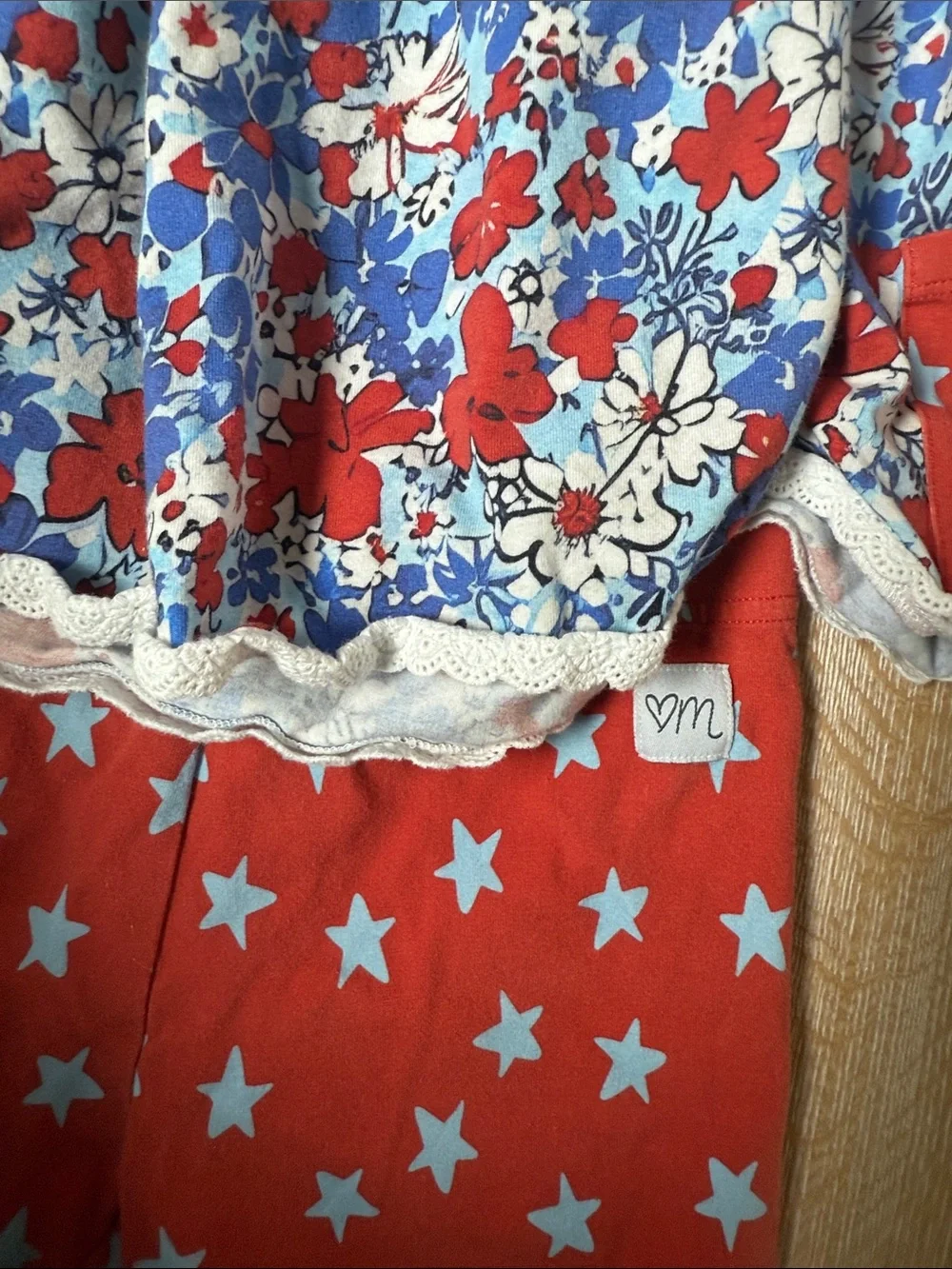 Girls Floral & Star-Print Two-Piece Pajama Set in Red and Blue